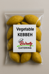 “Lebanese vegetable kebbeh made with bulgur and mixed vegetables in Beiruty Catering packaging.”