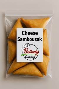 Lebanese cheese sambousak in Beiruty Catering packaging, golden crispy pastry.