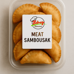 Lebanese meat sambousak in Beiruty Catering packaging, golden crispy pastry.