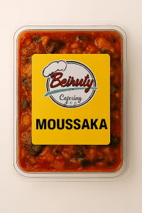“Lebanese moussaka in Beiruty Catering packaging with roasted eggplant, chickpeas, tomato sauce, and olive oil.”