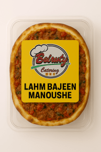 “Large Lahem Bajeen manoushe in Beiruty Catering packaging with seasoned minced meat topping on golden dough.”