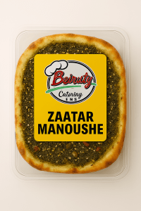 “Large Lebanese zaatar manoushe in Beiruty Catering packaging with golden dough and zaatar topping.”