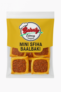“Lebanese mini sfija Baalbakiyi in Beiruty Catering packaging with seasoned meat filling on soft golden dough.