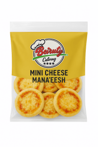 “Lebanese mini cheese manoushe in Beiruty Catering packaging with melted cheese on soft golden dough.”