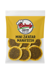 “Lebanese mini zaatar manoushe in Beiruty Catering packaging with golden dough and zaatar topping.”