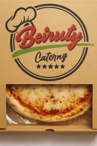 “Large classic pizza in Beiruty Catering packaging with golden melted cheese and tomato sauce.”