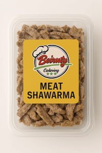 “Frozen meat shawarma in Beiruty Catering packaging with marinated sliced beef ready to cook.”
