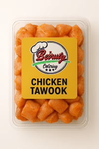 “Chicken taouk in Beiruty Catering packaging with marinated chicken cubes ready to cook.”