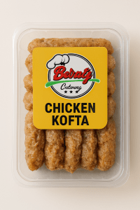 “Chicken kofta in Beiruty Catering packaging with seasoned minced chicken shaped into skewers.”