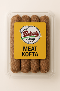 “Frozen meat kofta in Beiruty Catering packaging with seasoned minced beef shaped into skewers.”