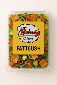“Fattoush salad in Beiruty Catering packaging with fresh vegetables, toasted bread, and sumac dressing.”
